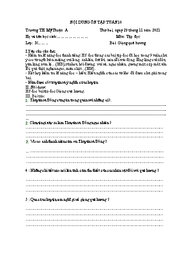 Nội dung ôn tập môn Toán, Tiếng Việt Lớp 3 - Tuần 10 - Năm học 2021-2022 - Trường Tiểu học Mỹ Thuận A