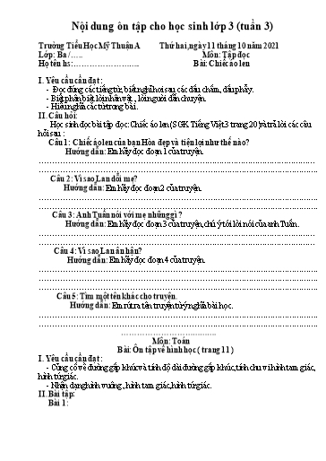 Nội dung ôn tập môn Toán, Tiếng Việt Lớp 3 - Tuần 3 - Năm học 2021-2022 - Trường Tiểu học Mỹ Thuận A