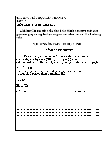 Nội dung ôn tập môn Toán, Tiếng Việt Lớp 3 - Tuần 4 - Năm học 2021-2022 - Trường Tiểu học Tân Thành A