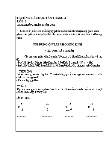 Nội dung ôn tập môn Toán, Tiếng Việt Lớp 3 - Tuần 5 - Năm học 2021-2022 - Trường Tiểu học Tân Thành A