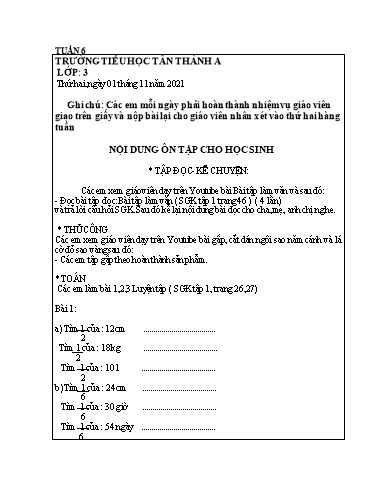 Nội dung ôn tập môn Toán, Tiếng Việt Lớp 3 - Tuần 6 - Năm học 2021-2022 - Trường Tiểu học Tân Thành A