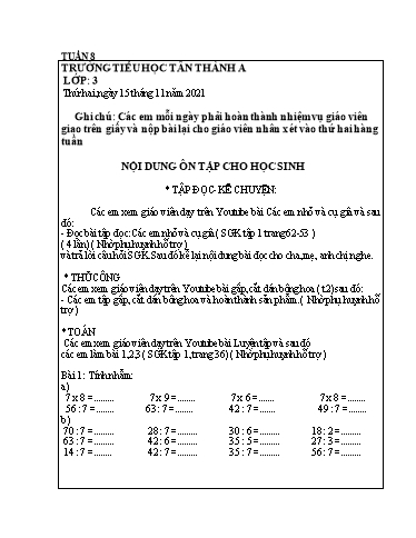 Nội dung ôn tập môn Toán, Tiếng Việt Lớp 3 - Tuần 8 - Năm học 2021-2022 - Trường Tiểu học Tân Thành A