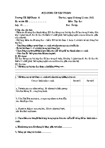 Nội dung ôn tập môn Toán, Tiếng Việt Lớp 3 - Tuần 9 - Năm học 2021-2022 - Trường Tiểu học Mỹ Thuận A