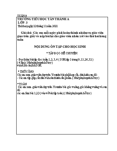 Nội dung ôn tập môn Toán, Tiếng Việt Lớp 3 - Tuần 9 - Năm học 2021-2022 - Trường Tiểu học Tân Thành A