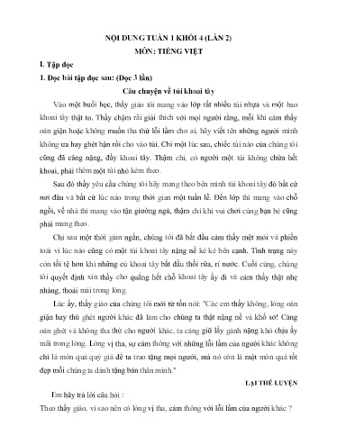 Nội dung ôn tập môn Toán, Tiếng Việt Lớp 4 - Tuần 1 (Lần 2)- Năm học 2021-2022 - Trường Tiểu học Tân Thành A