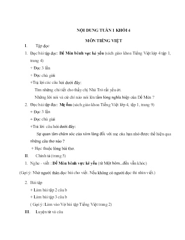 Nội dung ôn tập môn Toán, Tiếng Việt Lớp 4 - Tuần 1 - Năm học 2021-2022 - Trường Tiểu học Tân Thành A