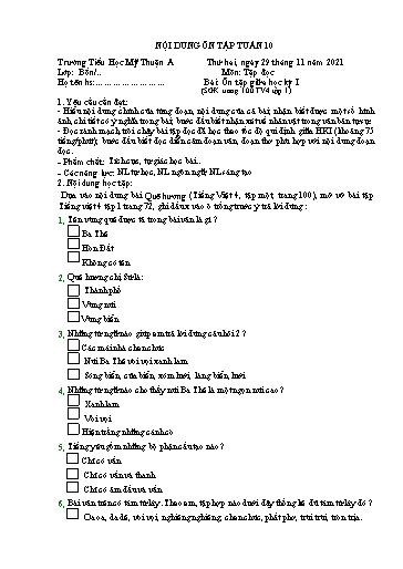 Nội dung ôn tập môn Toán, Tiếng Việt Lớp 4 - Tuần 10 - Năm học 2021-2022 - Trường Tiểu học Mỹ Thuận A