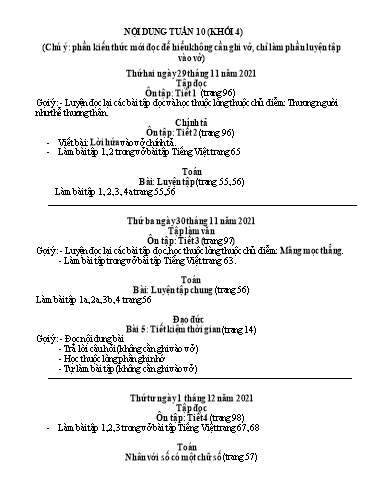 Nội dung ôn tập môn Toán, Tiếng Việt Lớp 4 - Tuần 10 - Năm học 2021-2022 - Trường Tiểu học Tân Thành A