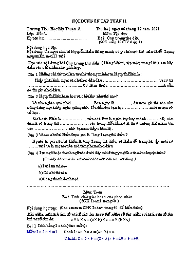 Nội dung ôn tập môn Toán, Tiếng Việt Lớp 4 - Tuần 11 - Năm học 2021-2022 - Trường Tiểu học Mỹ Thuận A