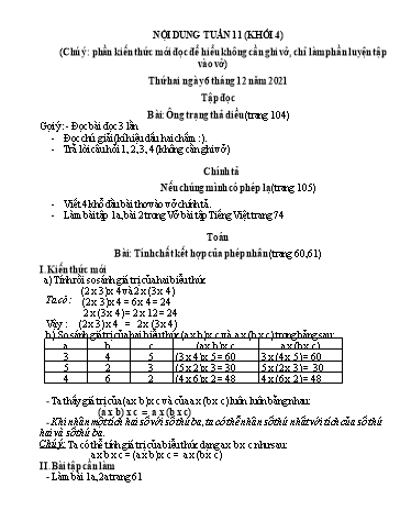 Nội dung ôn tập môn Toán, Tiếng Việt Lớp 4 - Tuần 11 - Năm học 2021-2022 - Trường Tiểu học Tân Thành A