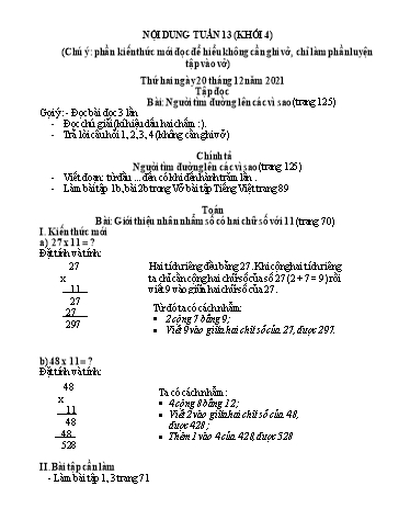 Nội dung ôn tập môn Toán, Tiếng Việt Lớp 4 - Tuần 13 - Năm học 2021-2022 - Trường Tiểu học Tân Thành A