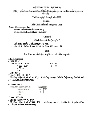 Nội dung ôn tập môn Toán, Tiếng Việt Lớp 4 - Tuần 15 - Năm học 2021-2022 - Trường Tiểu học Tân Thành A