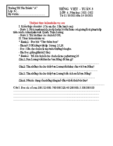 Nội dung ôn tập môn Toán, Tiếng Việt Lớp 4 - Tuần 3 - Năm học 2021-2022 - Trường Tiểu học Tân Thành A