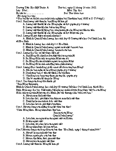 Nội dung ôn tập môn Toán, Tiếng Việt Lớp 4 - Tuần 3 - Năm học 2021-2022 - Trường Tiểu học Mỹ Thuận A