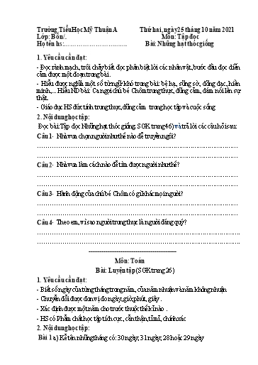 Nội dung ôn tập môn Toán, Tiếng Việt Lớp 4 - Tuần 5 - Năm học 2021-2022 - Trường Tiểu học Mỹ Thuận A