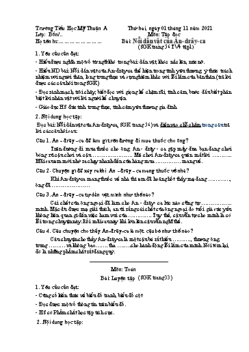 Nội dung ôn tập môn Toán, Tiếng Việt Lớp 4 - Tuần 6 - Năm học 2021-2022 - Trường Tiểu học Mỹ Thuận A