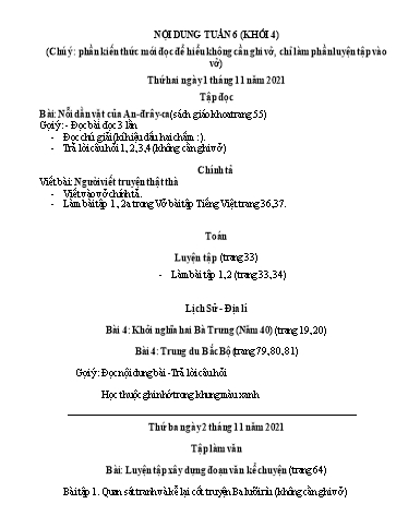 Nội dung ôn tập môn Toán, Tiếng Việt Lớp 4 - Tuần 6 - Năm học 2021-2022 - Trường Tiểu học Tân Thành A