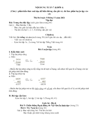 Nội dung ôn tập môn Toán, Tiếng Việt Lớp 4 - Tuần 7 - Năm học 2021-2022 - Trường Tiểu học Tân Thành A