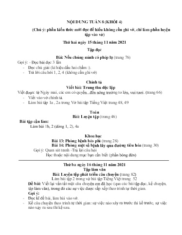 Nội dung ôn tập môn Toán, Tiếng Việt Lớp 4 - Tuần 8 - Năm học 2021-2022 - Trường Tiểu học Tân Thành A