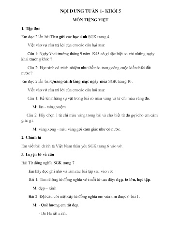 Nội dung ôn tập môn Toán, Tiếng Việt Lớp 5 - Tuần 1 - Năm học 2021-2022 - Trường Tiểu học Tân Thành A