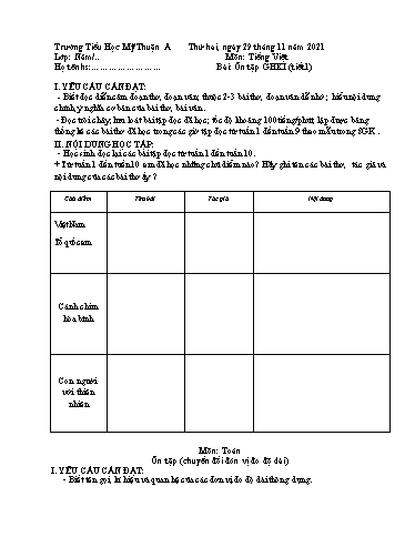 Nội dung ôn tập môn Toán, Tiếng Việt Lớp 5 - Tuần 10 - Năm học 2021-2022 - Trường Tiểu học Mỹ Thuận A