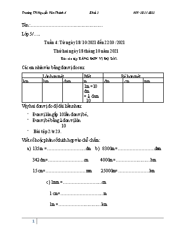 Nội dung ôn tập môn Toán, Tiếng Việt Lớp 5 - Tuần 3 - Năm học 2021-2022 - Trường TH Nguyễn Văn Thảnh A