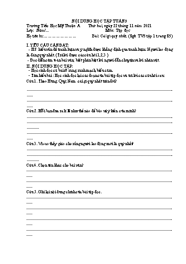 Nội dung ôn tập môn Toán, Tiếng Việt Lớp 5 - Tuần 9 - Năm học 2021-2022 - Trường Tiểu học Mỹ Thuận A