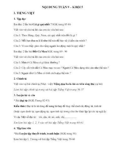 Nội dung ôn tập môn Toán, Tiếng Việt Lớp 5 - Tuần 9 - Năm học 2021-2022 - Trường Tiểu học Tân Thành A