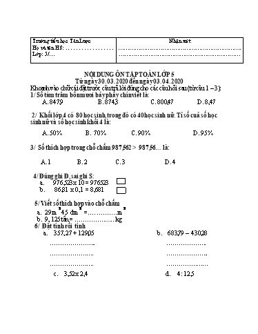 Nội dung ôn tập Toán Lớp 5 - Từ ngày 30/03/2020 đến ngày 03/04/2020 - Lưu Diễm Kiều