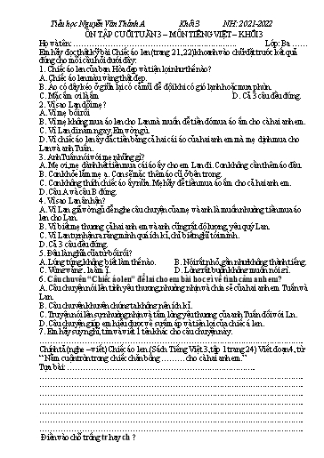 Ôn tập cuối tuần môn Tiếng Việt Lớp 3 - Tuần 3 - Năm học 2021-2022 - Trường TH Nguyễn Văn Thảnh A