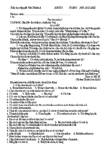 Ôn tập môn Tiếng Việt Lớp 3 - Tuần 2 - Năm học 2021-2022 - Trường TH Nguyễn Văn Thảnh A