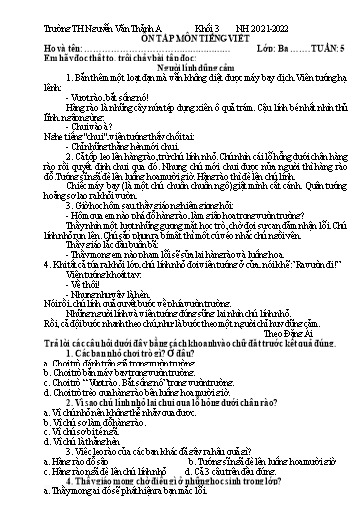 Ôn tập môn Tiếng Việt Lớp 3 - Tuần 5 - Năm học 2021-2022 - Trường TH Nguyễn Văn Thảnh A