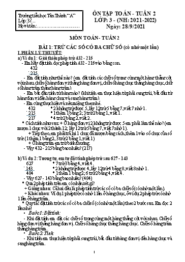 Ôn tập môn Toán, Tiếng Việt Lớp 3 - Năm học 2021-2022 - Trường Tiểu học Tân Thành A
