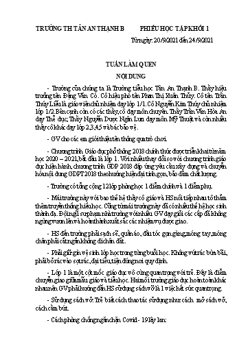 Phiếu học tập Lớp 1 - Tuần làm quen - Năm học 2021-2022 - Trường Tiểu học Tân An Thạnh B