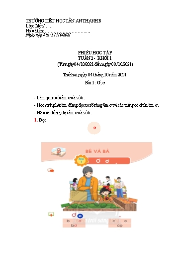 Phiếu học tập môn Tiếng Việt Lớp 1 - Tuần 2 - Năm học 2021-2022 - Trường Tiểu học Tân An Thạnh B