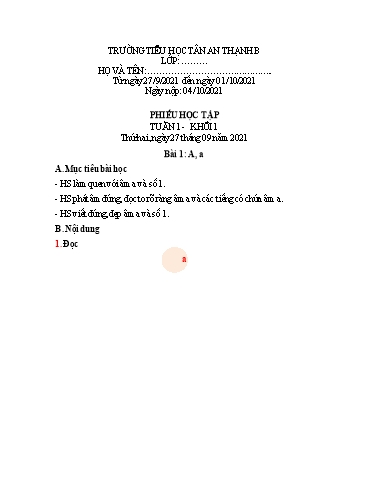 Phiếu học tập môn Tiếng Việt Lớp 1 - Tuần 2 - Năm học 2021-2022 - Trần Thúy Liễu