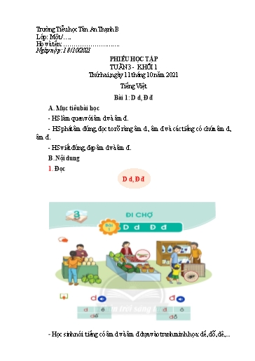 Phiếu học tập môn Tiếng Việt Lớp 1 - Tuần 3 - Năm học 2021-2022 - Trường Tiểu học Tân An Thạnh B