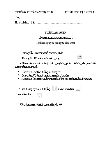 Phiếu học tập môn Tiếng Việt Lớp 1 - Tuần làm quen - Năm học 2021-2022 - Trần Thúy Liễu