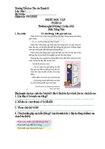 Phiếu học tập môn Tiếng Việt Lớp 2 - Tuần 10 - Năm học 2021-2022 - Trường Tiểu học Tân An Thạnh B