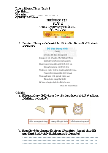 Phiếu học tập môn Tiếng Việt Lớp 2 - Tuần 11 - Năm học 2021-2022 - Trường Tiểu học Tân An Thạnh B