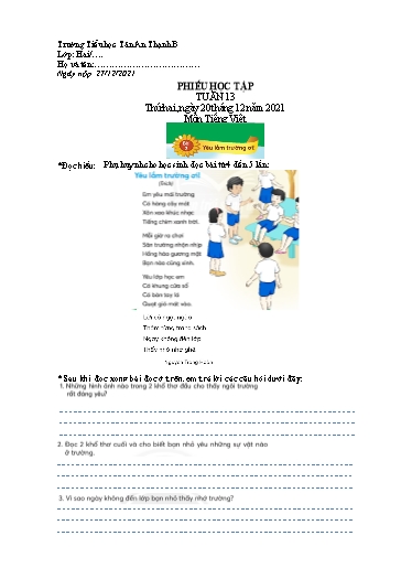 Phiếu học tập môn Tiếng Việt Lớp 2 - Tuần 13 - Năm học 2021-2022 - Trường Tiểu học Tân An Thạnh B