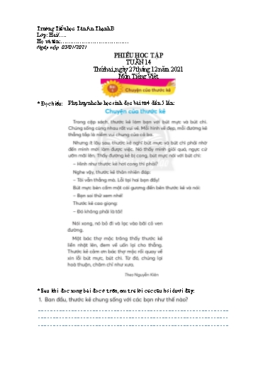 Phiếu học tập môn Tiếng Việt Lớp 2 - Tuần 14 - Năm học 2021-2022 - Trường Tiểu học Tân An Thạnh B