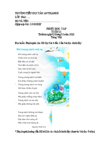 Phiếu học tập môn Tiếng Việt Lớp 2 - Tuần 15 - Năm học 2021-2022 - Trường Tiểu học Tân An Thạnh B