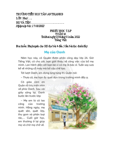 Phiếu học tập môn Tiếng Việt Lớp 2 - Tuần 16 - Năm học 2021-2022 - Trường Tiểu học Tân An Thạnh B