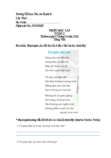 Phiếu học tập môn Tiếng Việt Lớp 2 - Tuần 17 - Năm học 2021-2022 - Trường Tiểu học Tân An Thạnh B