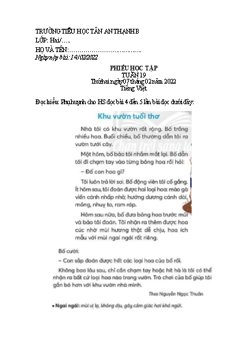 Phiếu học tập môn Tiếng Việt Lớp 2 - Tuần 19 - Năm học 2021-2022 - Trường Tiểu học Tân An Thạnh B