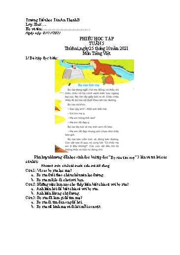 Phiếu học tập môn Tiếng Việt Lớp 2 - Tuần 5 - Năm học 2021-2022 - Trường Tiểu học Tân An Thạnh B