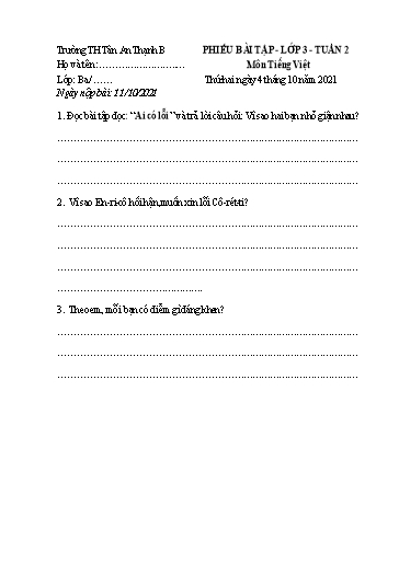 Phiếu học tập môn Tiếng Việt Lớp 3 - Tuần 2 - Năm học 2021-2022 - Trường Tiểu học Tân An Thạnh B