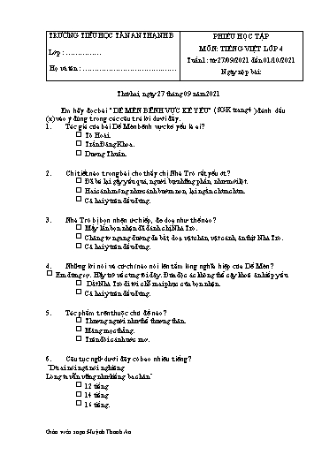 Phiếu học tập môn Tiếng Việt Lớp 4 - Tuần 1 - Năm học 2021-2022 - Huỳnh Thanh An