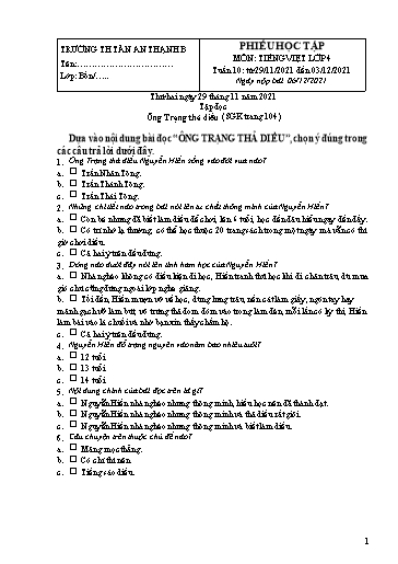 Phiếu học tập môn Tiếng Việt Lớp 4 - Tuần 10 - Năm học 2021-2022 - Trường Tiểu học Tân An Thạnh B